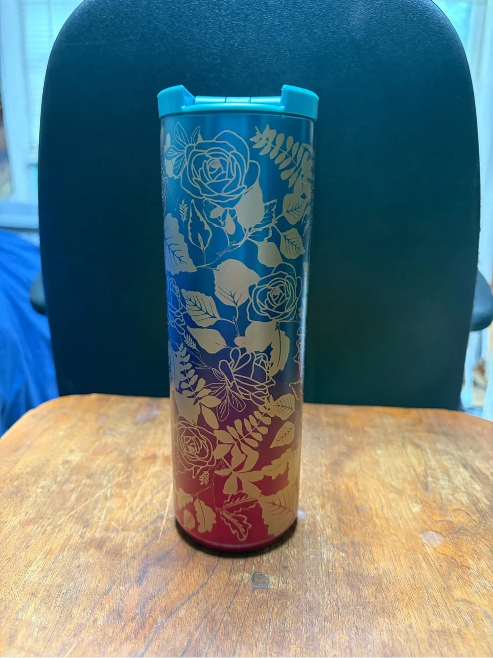 Starbucks Turquoise to Magenta Floral Gold-Leaf Travel Tumbler
